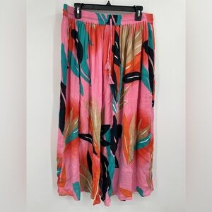 Tropical Print Maxi Skirt Pink Elastic Waist Boho Flowy Resort Vacation